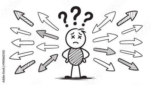 Confused Cartoon Character Surrounded By Arrows And Question Marks For Decision Making Concepts