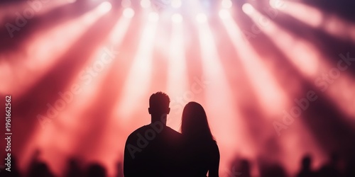 Silhouettes of a couple stand close together under vibrant, colorful stage lights in a lively concert or event setting.