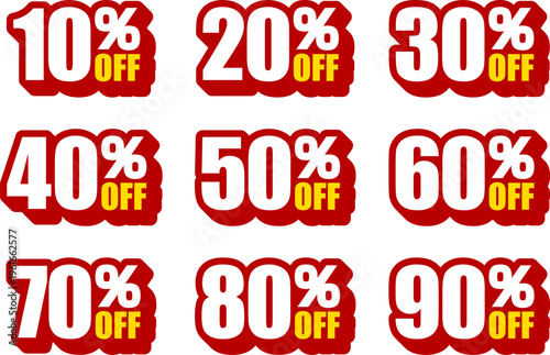 10％OFF、20％OFF、30％OFF、40％OFF、50％OFF、60％OFF、70％OFF、80％OFF、90％OFFのセールを表すディスカウントラベル　Discount Label
