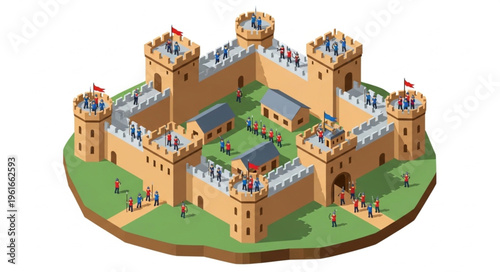 Isometric Medieval Castle Illustration with Walls and Towers.
