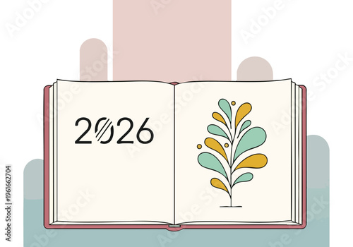 2026 New Year Planner Book. Minimalist Illustration. Future Planning Concept. Growth Symbol.