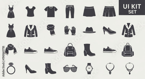 Collection of Fashionable Clothing and Accessories Icons for UI Kit.