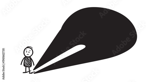 Sad Stick Figure Under Large Black Shadow For Concept Of Fear Or Anxiety