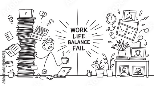 Overwhelmed Businessperson Facing Work Life Balance Fail With Stack Of Papers For Office Stress Concepts