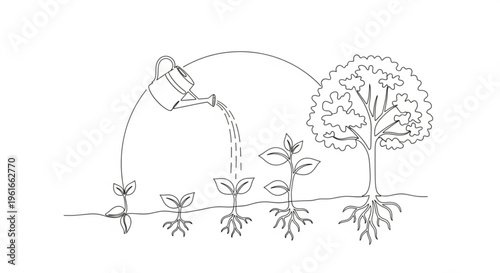 Watering can nourishes young plants and a mature tree in a line drawing symbolizing growth and care in a simple black and white illustration