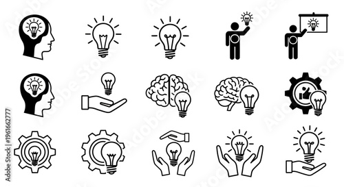 Collection of icons illustrating creativity, brainstorming, and business innovation visuals.