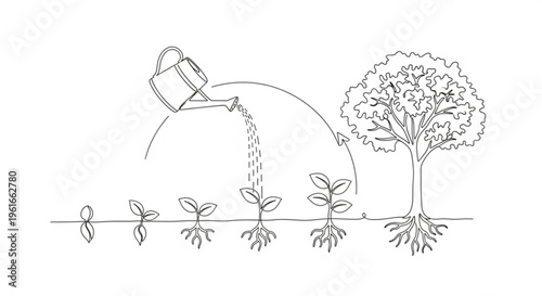 Nurturing growth with watering can tree and seedlings in garden symbolizing care and development