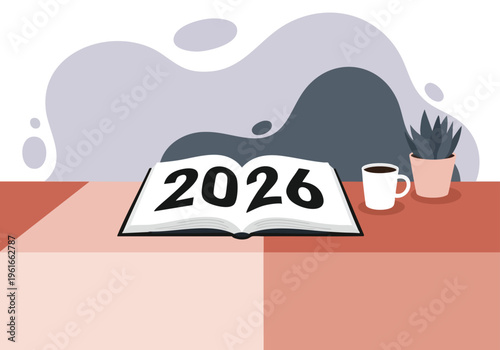 Open Book 2026. New Year Planning Illustration. Future Goals Concept. Flat Design. Business Forecast.