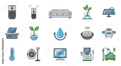 Smart Home Technology Icons: Renewable Energy, Eco-Friendly, and Automation