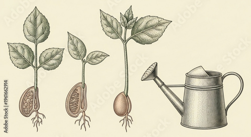 Sprouting seeds and young plants with watering can illustration of growth stages