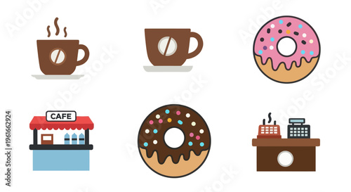 Coffee Shop Icons: Hot Drinks, Donuts, and Service Counter Set