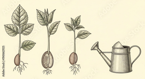 Seedlings growing from seeds with roots and leaves next to metal watering can on beige background