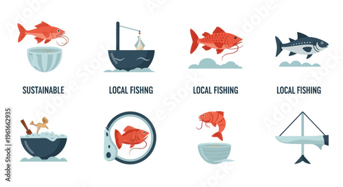 Sustainable Fishing Icons Set: Local Catch, Marine Life, Seafood Industry, Healthy Food