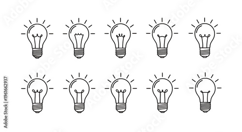 Collection of light bulbs in a row symbolizing ideas and creativity.