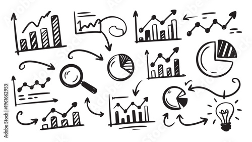 Business Infographic Elements Including Graphs Charts And Magnifying Glass For Financial Analysis Concepts