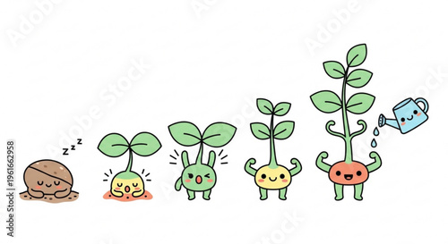 Whimsical cartoon plants growth stages with smiling faces watering can