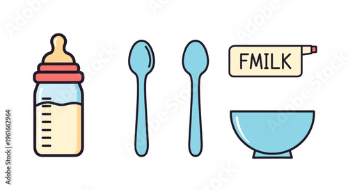 Baby Feeding Set: Bottle, Spoons, Bowl, and Milk Formula Container