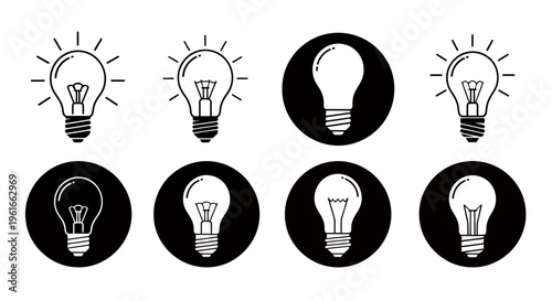 Set of black and white light bulbs in circular and plain layouts illustrating ideas and illumination.