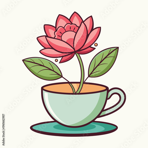 cup of tea and coffee with flowers and leaves in a clean isolated design