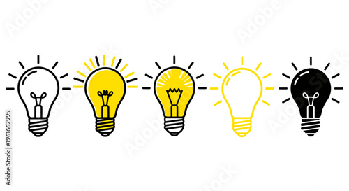 Row of illuminated and dim light bulbs representing ideas, creativity, and visual concepts in a graphic arrangement.