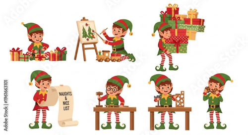 Christmas elves engaging in various holiday activities with gifts and decorations