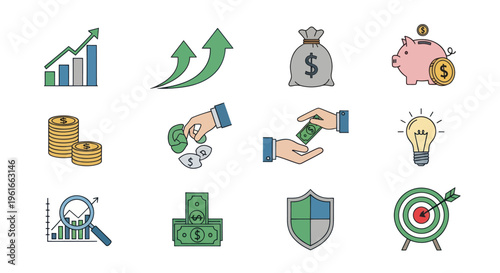 Financial Growth Icons: Money, Savings, Investment, Ideas, Success
