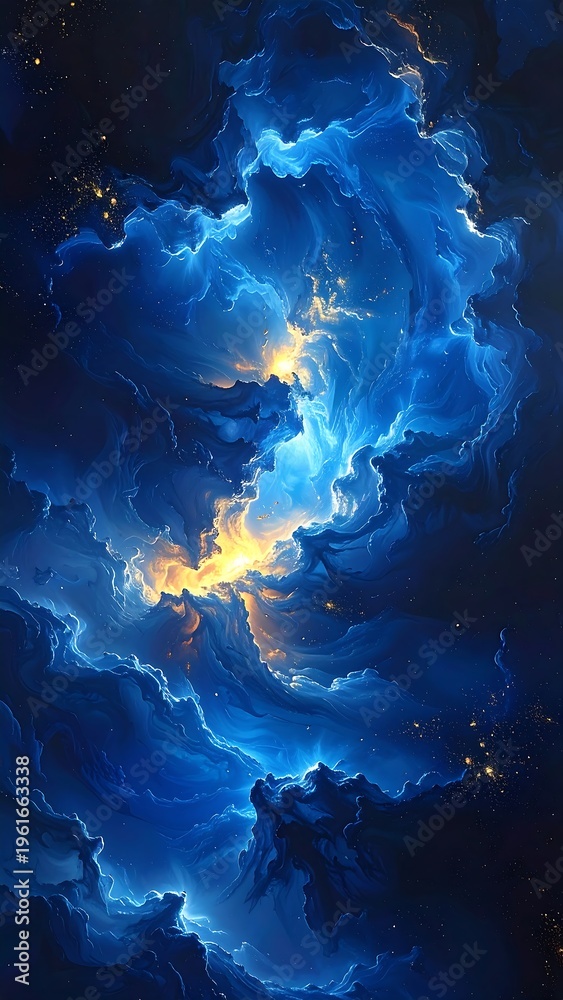 Obraz premium A vibrant, swirling blue and gold abstract cosmic scene