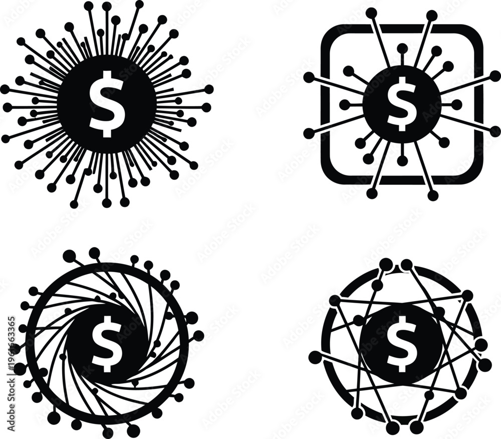 Fototapeta premium A collection of four stylized black and white dollar sign icons featuring network node patterns