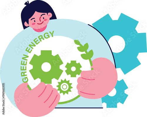 A cheerful depiction of green energy concepts with gears and a smiling person supporting eco-friendly power sources