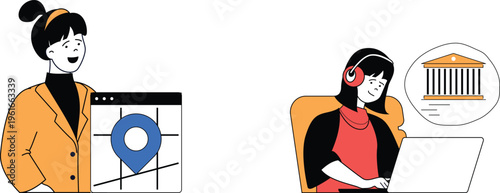 Professional woman presenting location on map while student listens online with headphones near building icon