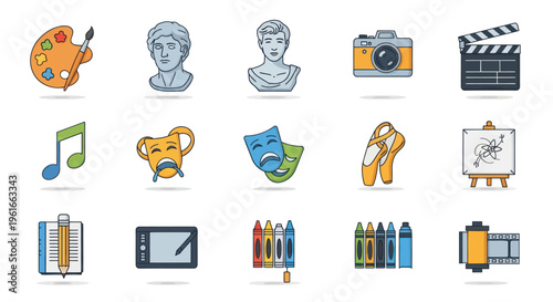 Art and Creativity Icons Set: Painting, Sculpture, Photography, Film, Music, Theater, Dance, Drawing