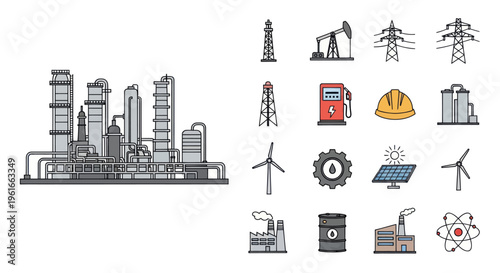 Industrial Energy Icons: Refinery, Oil Pump, Wind Turbine, Solar Panel, Power Lines