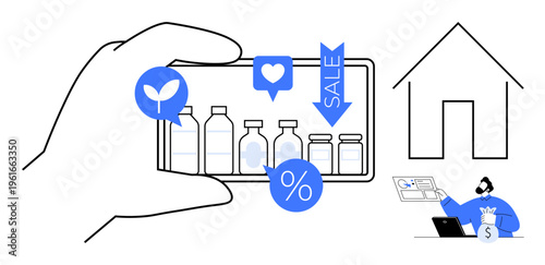 E-commerce, online shopping, groceries delivery, sustainability, digital marketing, and discounts. A hand holding a smartphone displaying bottles and promo icons. E-commerce and online shopping