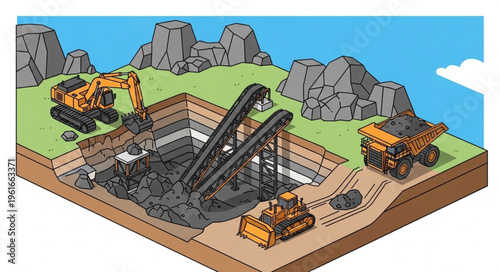 Cartoon Illustration of an Open-Pit Coal Mining Operation.