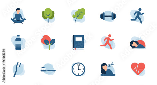 Healthy Lifestyle Icons: Yoga, Fitness, Nature, Sleep & More