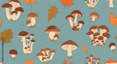 Seamless repeating pattern of various forest mushrooms and fallen autumn leaves in shades of brown and orange on a muted blue background.