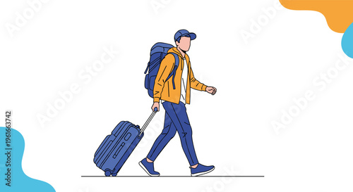 Young male traveler wearing a backpack and pulling a rolling suitcase while walking against a background with abstract shapes.