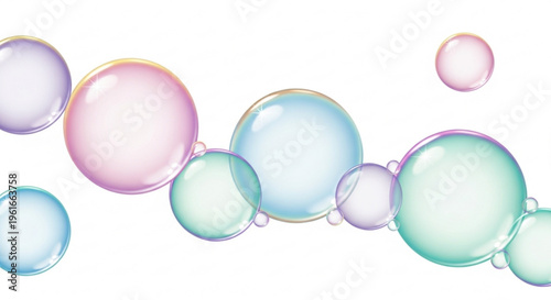 Colorful bubbles floating in air on white background shiny and transparent orbs in pastel hues