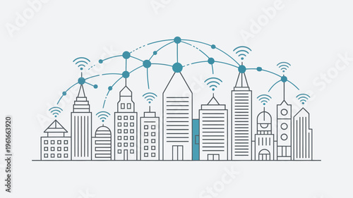 A cityscape with a network of connections and wireless signals illustrating modern urban technology and communication
