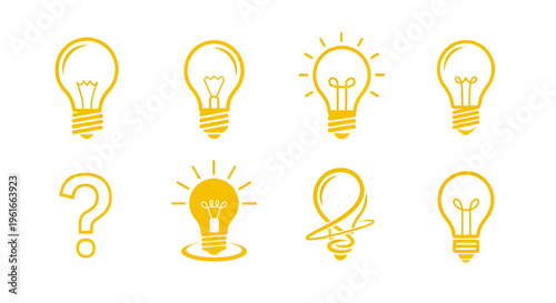 Collection of yellow lightbulb icons showing ideas and questions in a minimalist vector set.