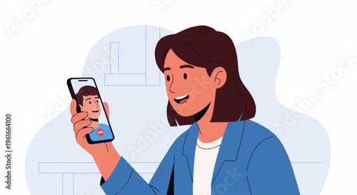 Woman holding smartphone and taking selfie photo.