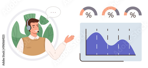 Customer service, business analytics, data visualization, communication, remote support, collaboration. Smiling man with a headset gestures at a chart. Customer service and business analytics concept