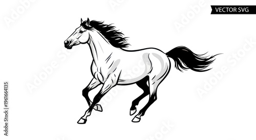 Graceful Horse Galloping, Dynamic Black and White Line Art Vector Illustration