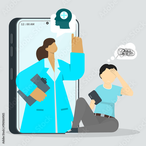 Online mental health consultation via smartphone, showing therapist support for stressed patient, digital counseling, telemedicine, and emotional care.