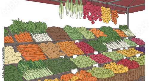 Vibrant market stall displaying a large variety of fresh vegetables and fruits in boxes and baskets under a red awning.