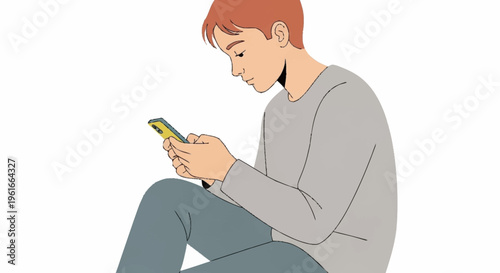 Young man sitting and looking at his smartphone screen.