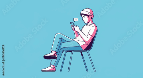Young man sitting on chair using smartphone illustration.