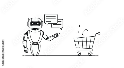 AI Robot Chatbot Pointing at Shopping Cart Vector Illustration