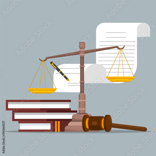 Law concept with scales of justice, gavel, books and legal documents, representing court, legislation, balance, and legal system.