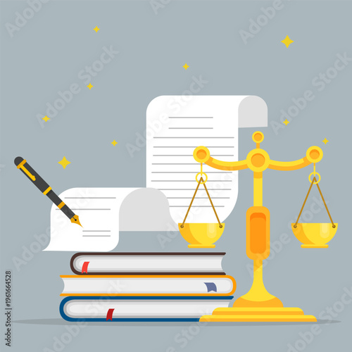 Law concept with scales of justice, pencil, books and legal document for sign. representing court, legislation, balance, and legal system.